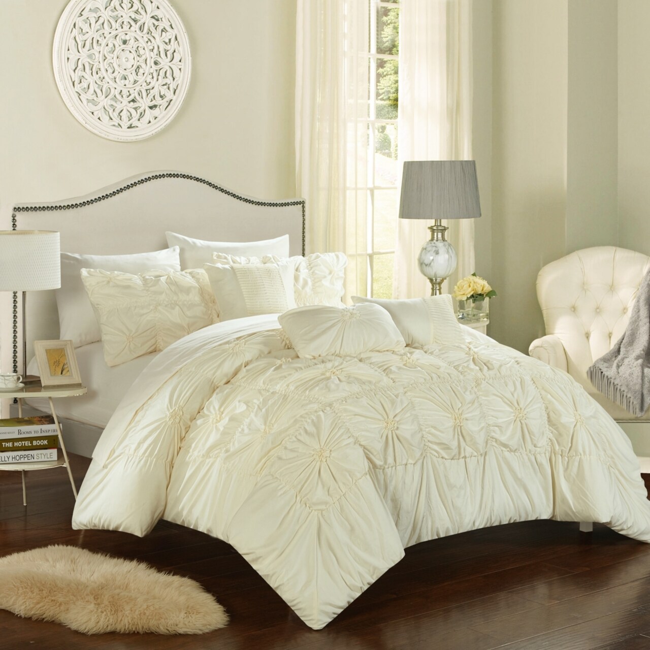 Chic Home 8/10 Piece Sheffield Floral Pinch Pleat Ruffled Designer Embellished Bed In a Bag Comforter Set With sheet